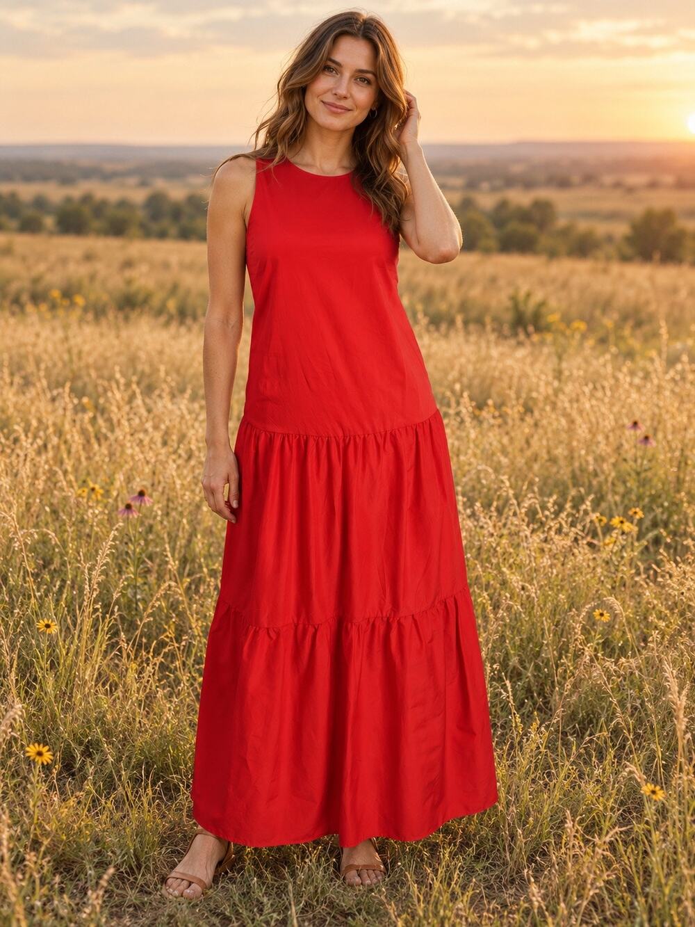 MELLODAY Bright Orange Sleeveless Tiered Prarie Maxi Dresss Size L